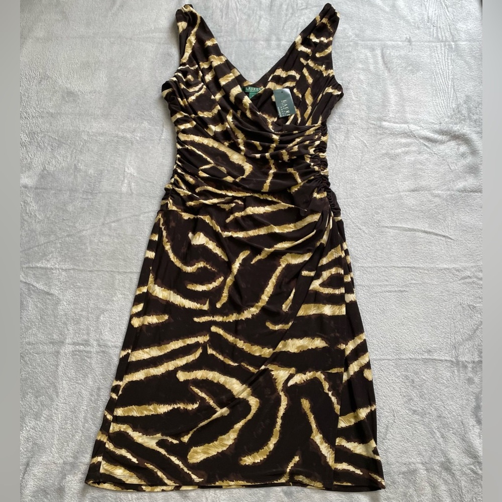 Lauren Ralph Lauren Dress 12 Womens NWT Sleeveless Stretchy Wrap Brown Pattern